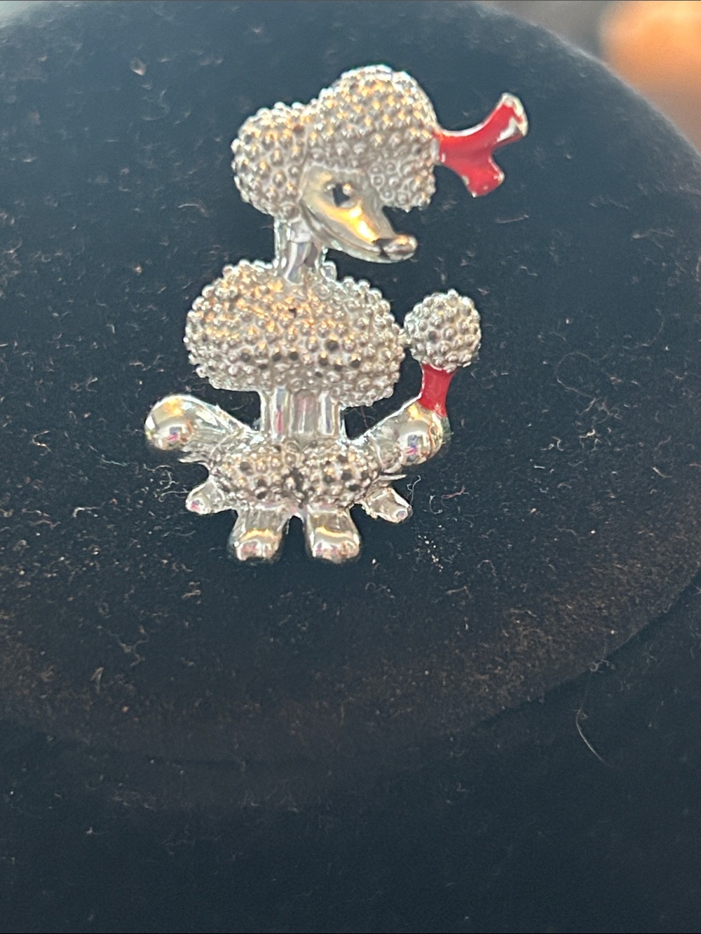 Silver Poodle Brooch with Red Accent